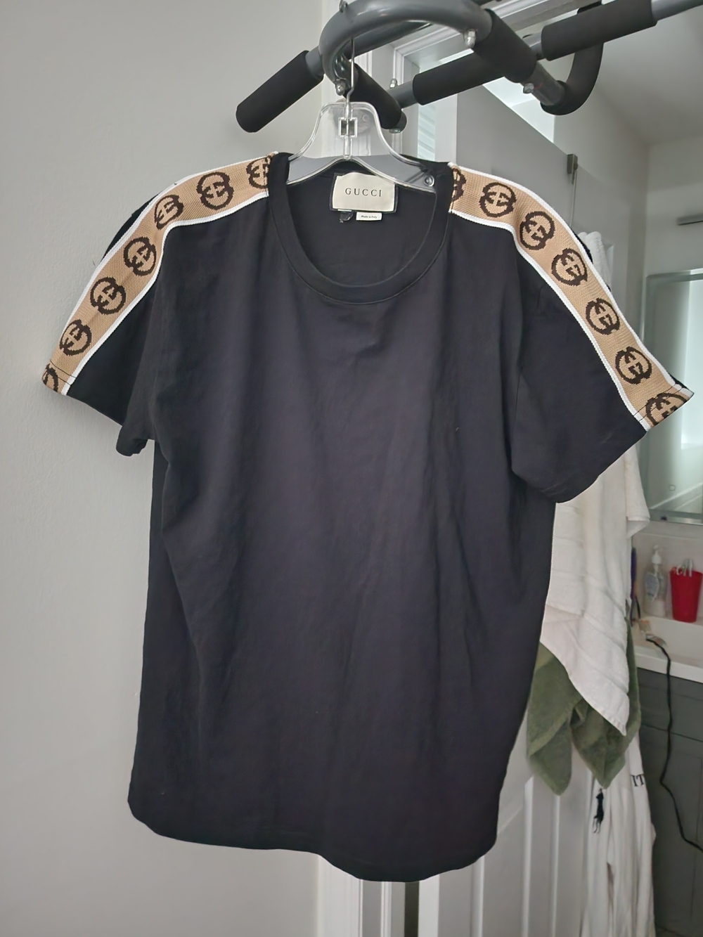 Black Short Sleeve Tee with Beige Logo Shoulder Tape